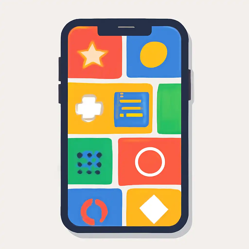 Smartphone shown from the front displaying a colourful flat layout of abstract game icons and rounded tiles (no text, no letters, no labels), TC Lottery
