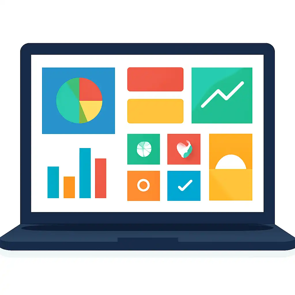 Laptop shown from the front displaying a colourful flat dashboard of abstract charts, bars and icon tiles (no text, no letters, no labels), TC Lottery