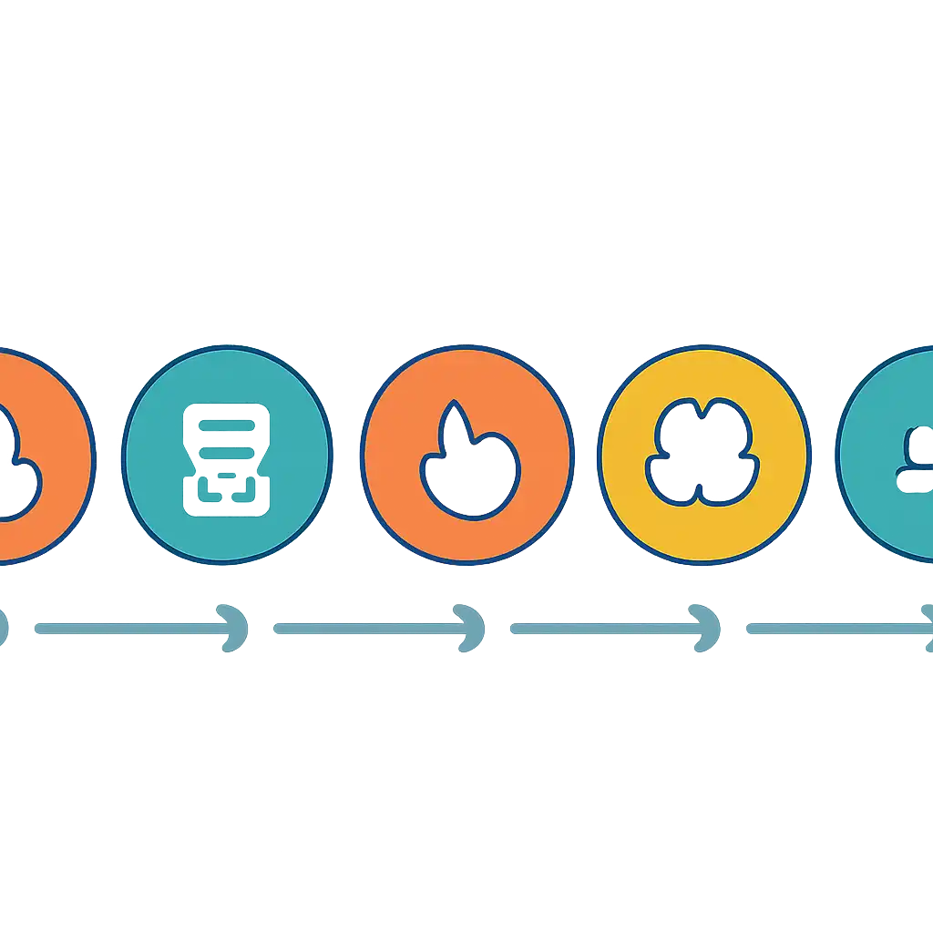 Five numbered circular icons connected by arrows in a horizontal flow, flat illustration, icons only, no words, TC Lottery steps